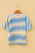 Sky Blue Stripe Contrast Crew Neck Drop Shoulder Loose Tee