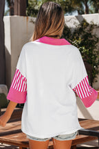 White Striped Color Block Patchwork Polo Collar Half Sleeve T Shirt