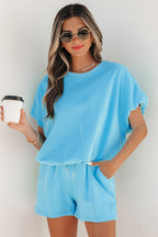 Light Blue Solid Color Puffy Loose Top Drawstring Shorts 2pcs Outfit