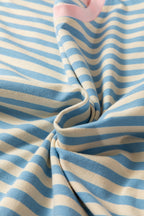Sky Blue Stripe Contrast Crew Neck Drop Shoulder Loose Tee