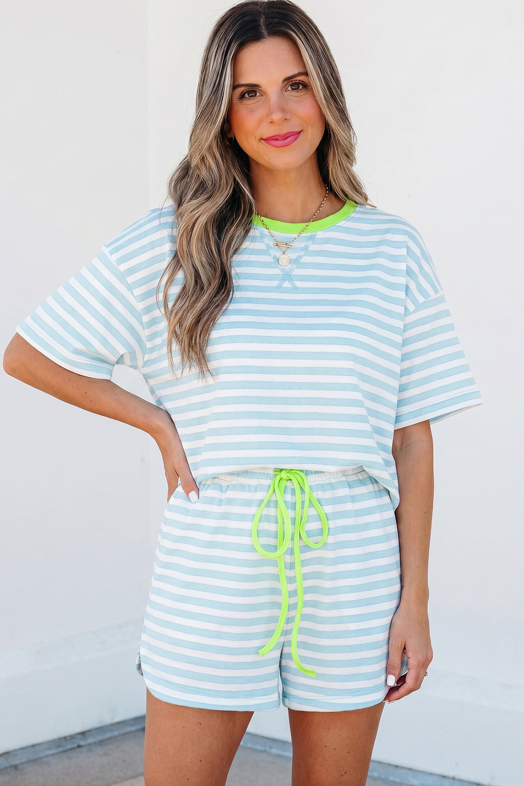Sky Blue Stripe Contrast Neck Loose Tee and Drawstring Shorts Set