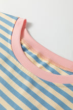 Sky Blue Stripe Contrast Crew Neck Drop Shoulder Loose Tee