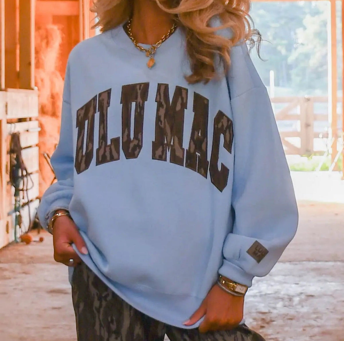 The Lulu Mac Baby Blue Bottomland Camo Crew
