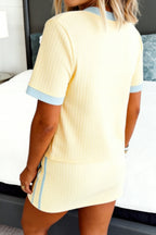 Yellow Ribbed Knit Color Block Trim Tee and Drawstring Skirt Set