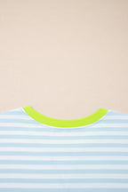 Sky Blue Stripe Contrast Neck Loose Tee and Drawstring Shorts Set